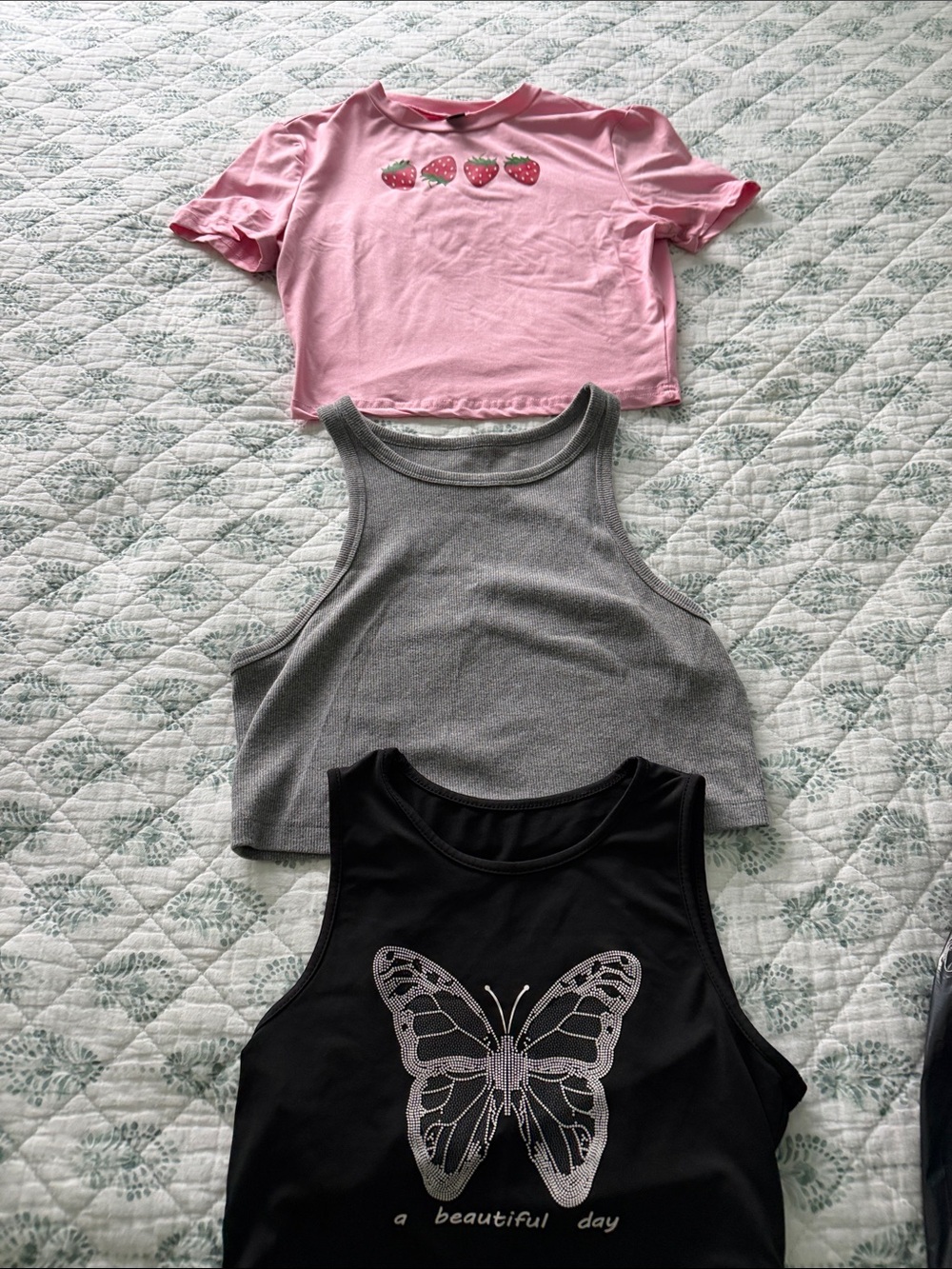 Pink M Strawberry Graphic Crop Tee, grey L tank,black tank size small